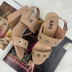 Women's AMS Sarah Silver Grommet Accent Slingback Block Heel Sandals Nude